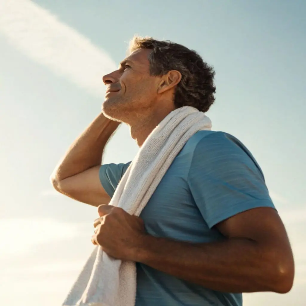 A man in a blue shirt stands outdoors with a white towel round his neck after Penetrating Keratoplasty surgery at Centre for Sight, looking up thoughtfully at the sky.