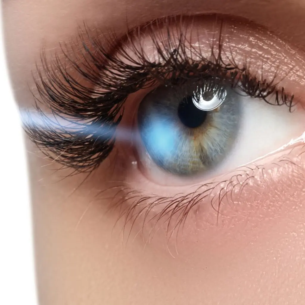 Centre for Sight young female eye with laser beam projecting green eye stock image for laser eye surgery side effects blog post