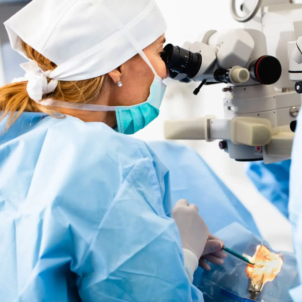Centre for Sight stock image of ophthalmologist looking through during surgery at patient's eyes wearing scrubs and mask performing laser eye surgery