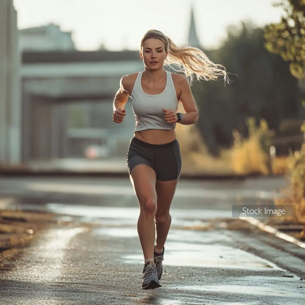 Lady going for a run in a city park wearing shorts and a tank top blonde hair in a ponytail