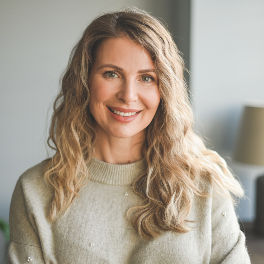 Middle-aged blonde lady smiling in home with marl jumper on after laser lens replacement