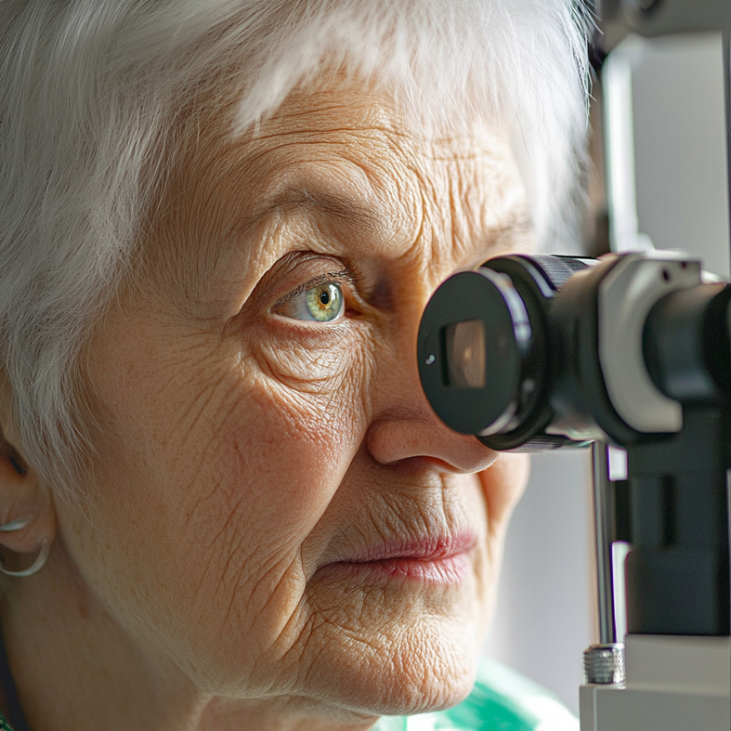 Elderly lady having eyes examined due to signs of Age-Related Macular Degeneration AMD Centre for Sight Stock Image