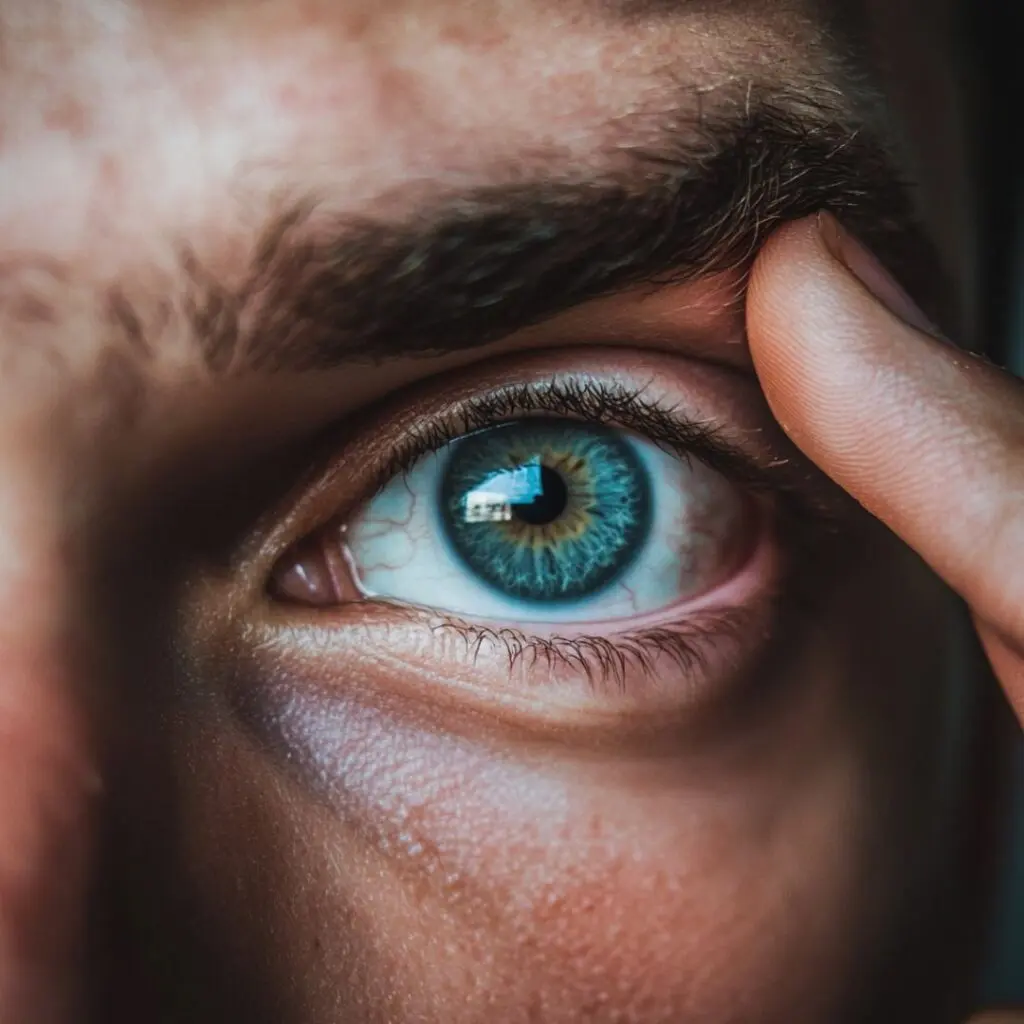Man with blue eyes holding his finger on eyelid pushing up dark eyebrow