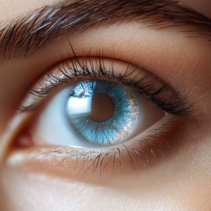 Contact lens in Eye - blue, dark eyebrows with lens created by AI for graphic visual