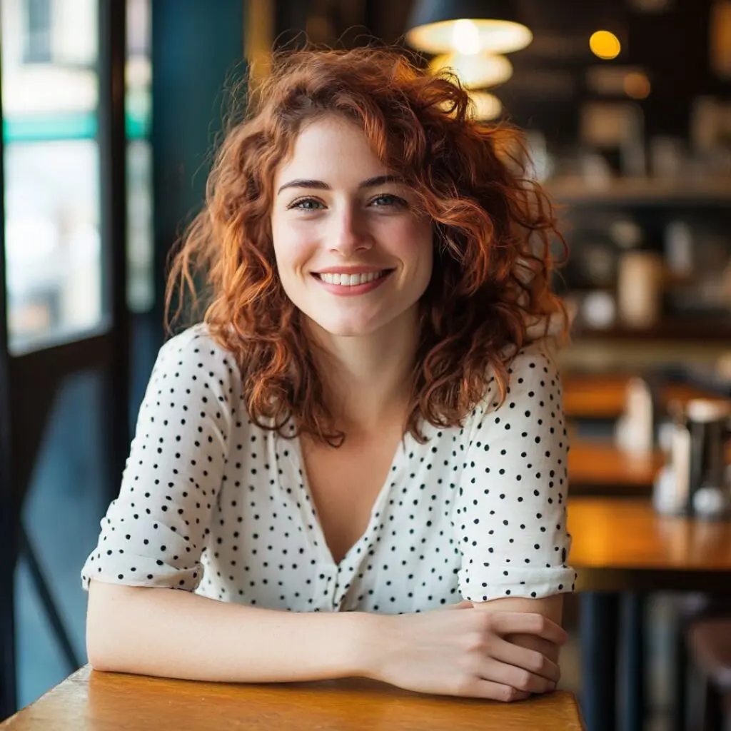 Girl with curly red hair sitting in a cafe or restaurant smiling with white and black polka dot top