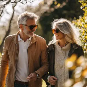 Middle aged couple walking through a wooden area in the spring with sunglasses on smiling at each other man with grey hair wearing brown jacket and lady with grey hair wearing jumper and jacket