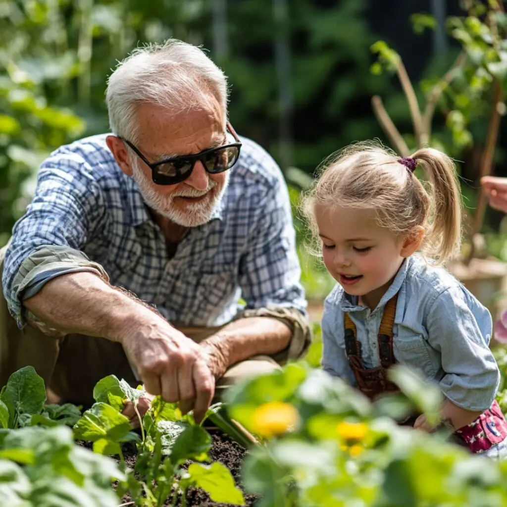 Grandfather with grey hair and check shirt and sunglasses gardening with his granddaughter blonde hair and check shirt with dungarees in the spring how to protect your eyes in spring blog post