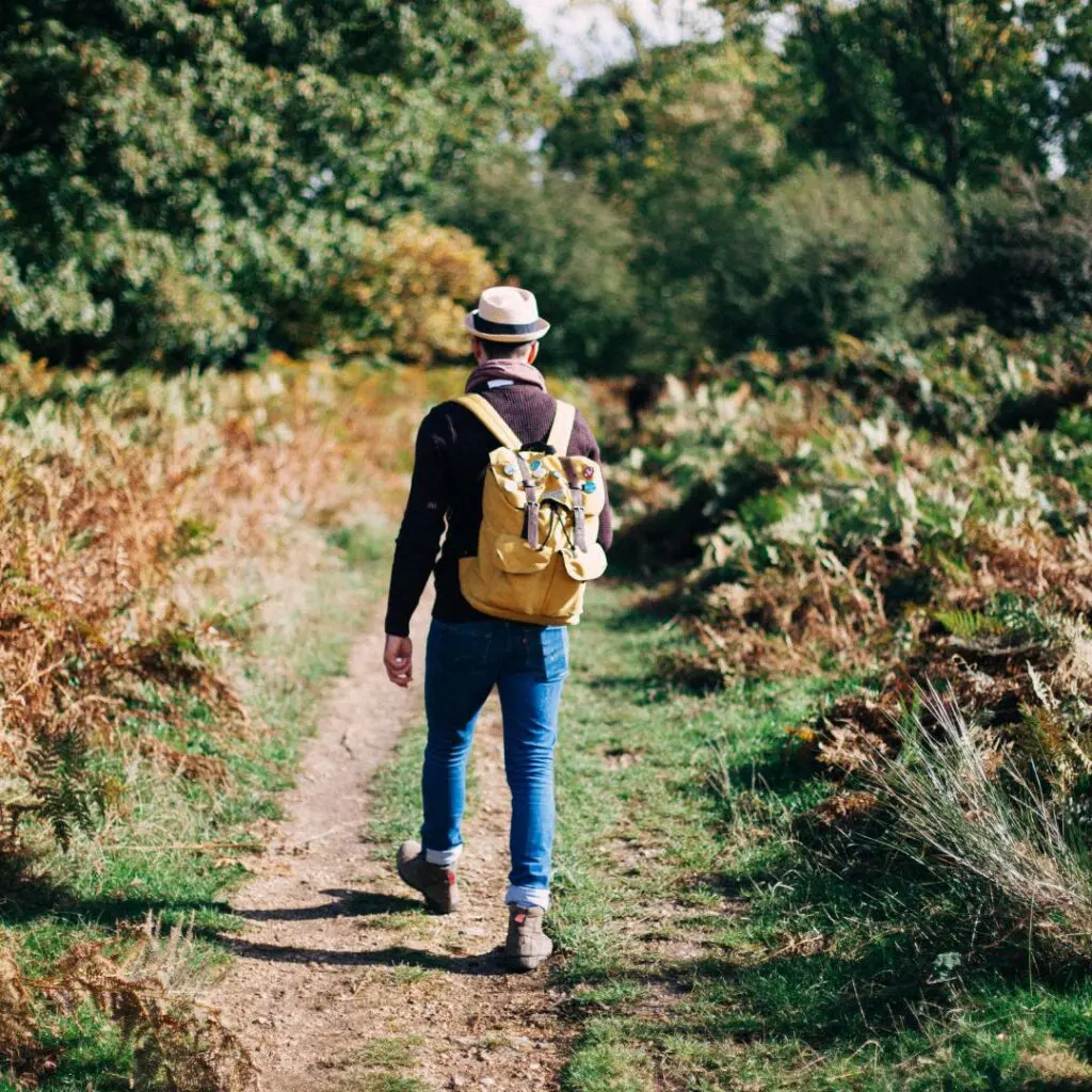Centre for Sight older man wearing hat backpack jeans walking along in forest in nature