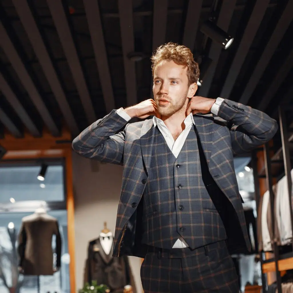 Centre for Sight man with strawberry blonde hair shopping and trying on suit and trousers chequered pattern holding collar looking at self in mirror reflection