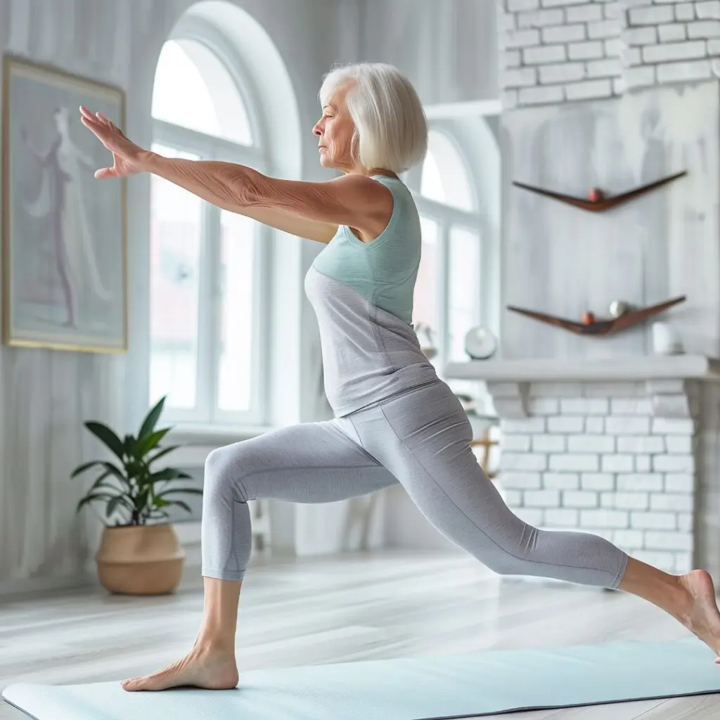 An older woman with grey hair, who recently benefited from laser cataract surgery, practises a yoga warrior pose on a mat in a bright, modern living room with large windows, white brick walls, and indoor plants.