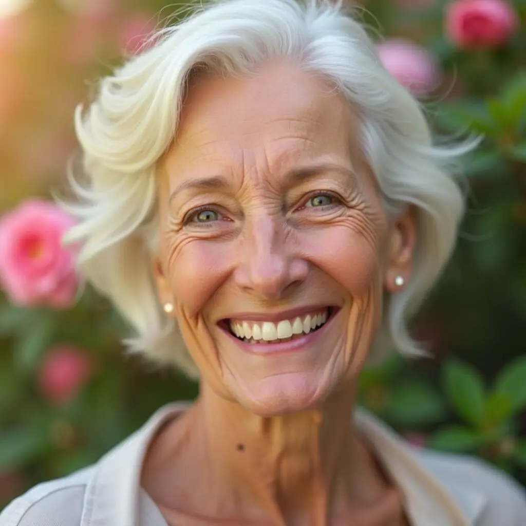 An older woman with short white hair smiles warmly outdoors, with pink flowers and green foliage softly blurred behind her—perhaps enjoying improved vision after refractive cataract surgery at Centre for Sight. She wears a light-coloured top and small earrings.