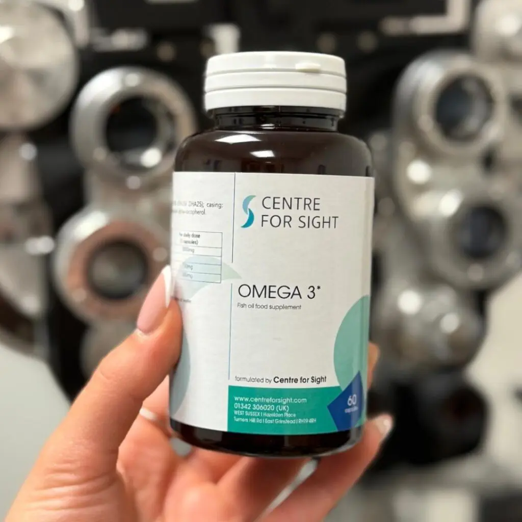 Centre for Sight Omega 3 Supplements in bottle with Centre for Sight branding own expert-led in consultant room