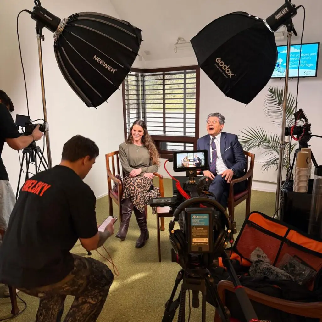 Centre for Sight patient Chloe and Medical Director Sheraz Daya being interviewed for patient story of laser eye surgery journey