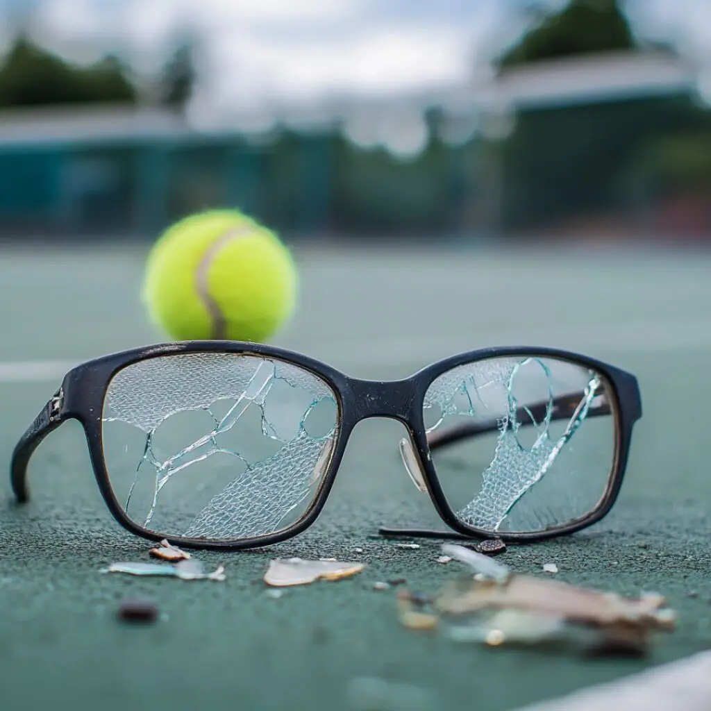 Centre for Sight glasses smashed on tennis court from tennis ball