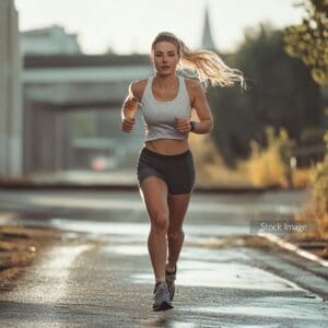 Lady going for a run in a city park wearing shorts and a tank top blonde hair in a ponytail