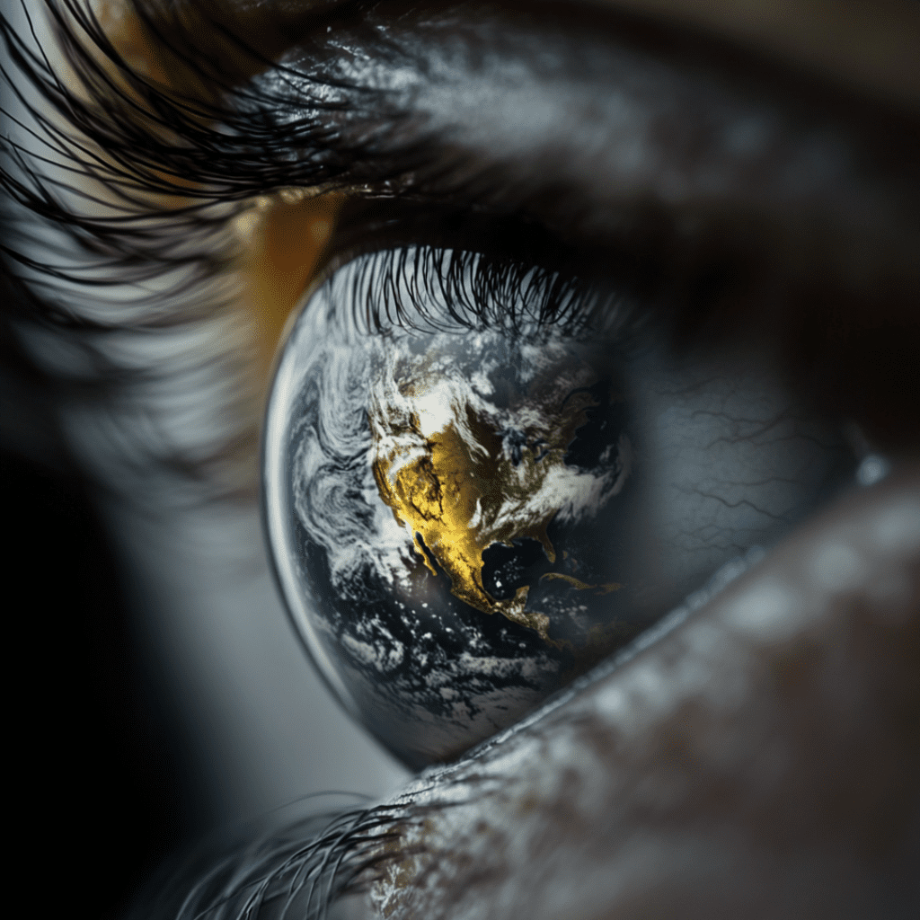 The globe and world reflection in the iris of someone's eye