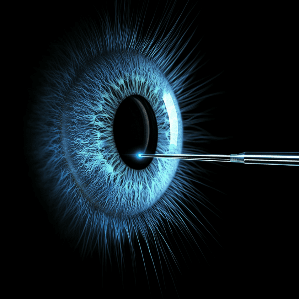 AI laser eye surgery image of blue iris with black background and needle