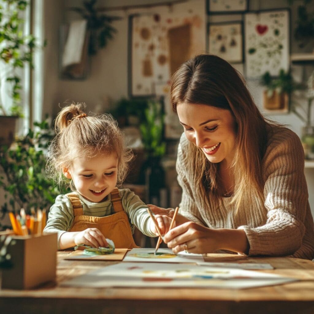 Centre for Sight brunette female with child doing arts and crafts motherly mother and daughter