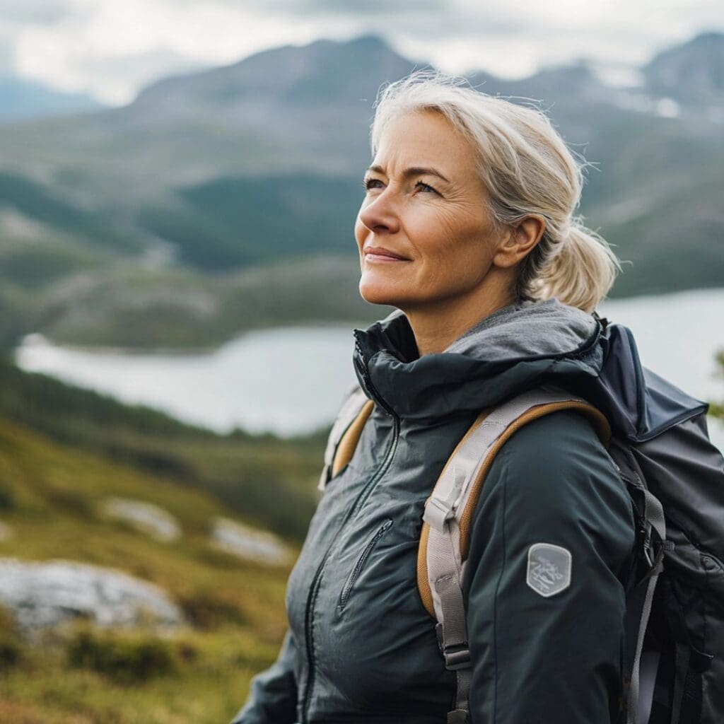 Centre for Sight older lady with grey hair hiking in mountains and looking at views with backpack on smiling hair in pony tail