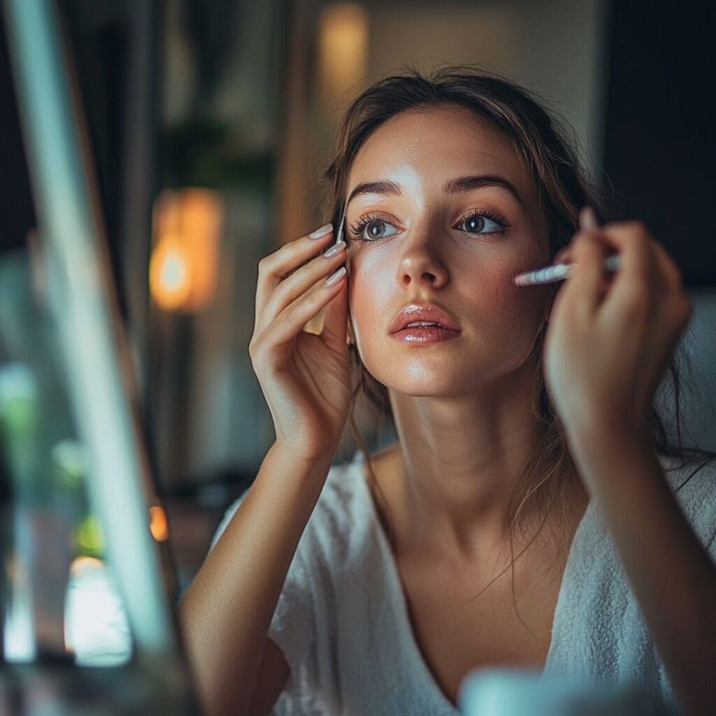 Centre for Sight stock image young woman applying makeup to face blusher in the mirror elegant money look good feel good without glasses and contact lenses