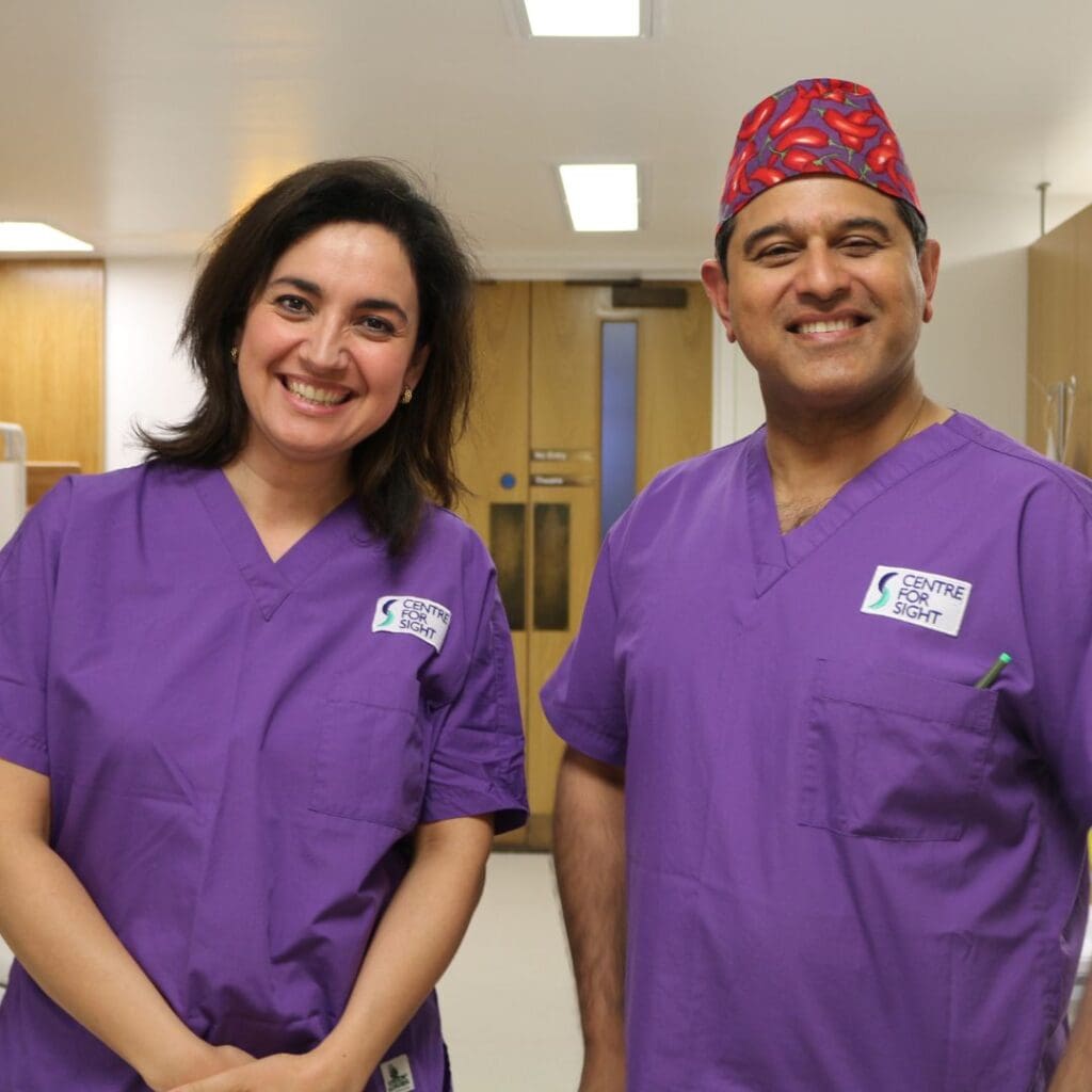 Centre for Sight Medical Director Sheraz M Daya and Ophthalmic Consultant Lucia Pelosini standing in scrubs smiling