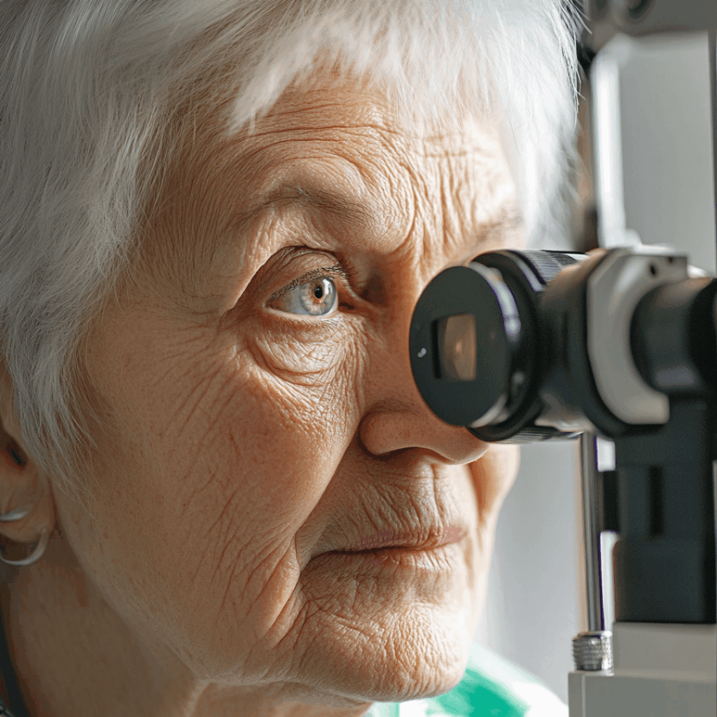 Recognising the Signs of AMD 6 Elderly lady having eyes examined due to signs of Age-Related Macular Degeneration AMD Centre for Sight Stock Image